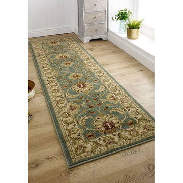Kendra 45 L Traditional Persian Classic Floral Vine Bordered Durable Easy-Care Low Profile Short Pile Soft Aqua Blue/Duck Egg Green/Muted Teal Green Runner-Melrose-Rug Love - The Most Loved Rug Store